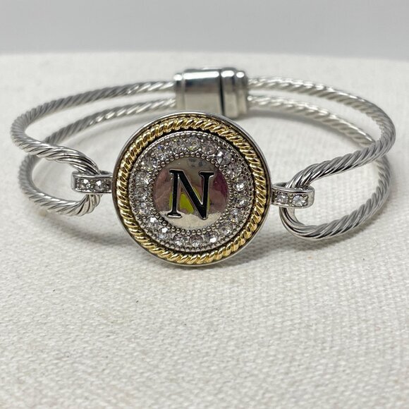 N Monogram‎ Bracelet Twisted Magnetic Clasp Silver-Tone Rhinestone Twisted Rope - Picture 1 of 7